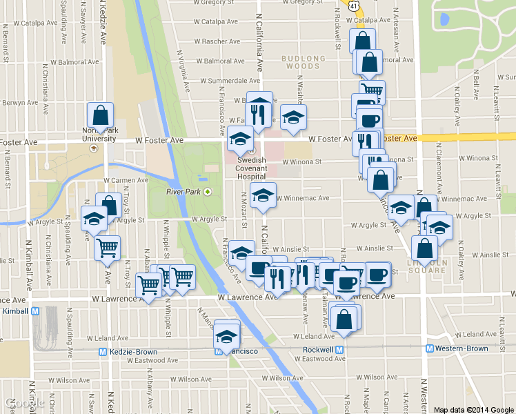 map of restaurants, bars, coffee shops, grocery stores, and more near 5026 North California Avenue in Chicago