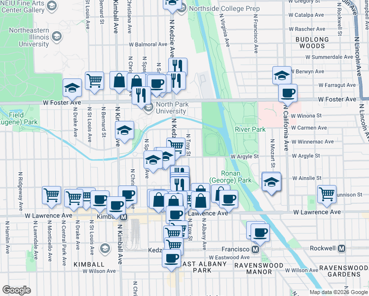 map of restaurants, bars, coffee shops, grocery stores, and more near 5033 North Kedzie Avenue in Chicago