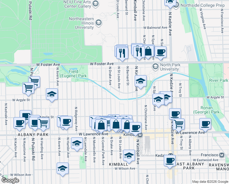 map of restaurants, bars, coffee shops, grocery stores, and more near 3529 West Carmen Avenue in Chicago