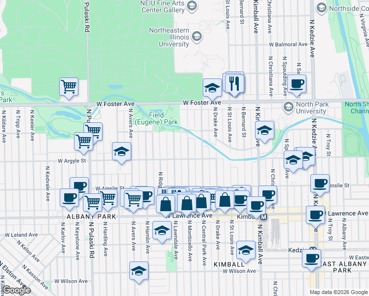 map of restaurants, bars, coffee shops, grocery stores, and more near 5034 North Monticello Avenue in Chicago