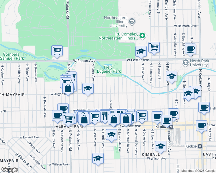 map of restaurants, bars, coffee shops, grocery stores, and more near 5037 North Hamlin Avenue in Chicago