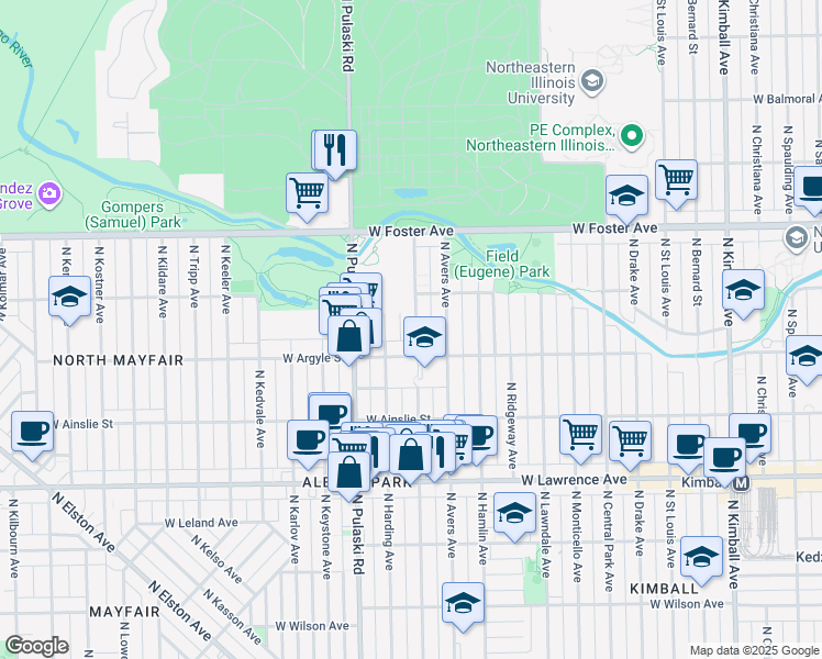 map of restaurants, bars, coffee shops, grocery stores, and more near 5034 North Springfield Avenue in Chicago