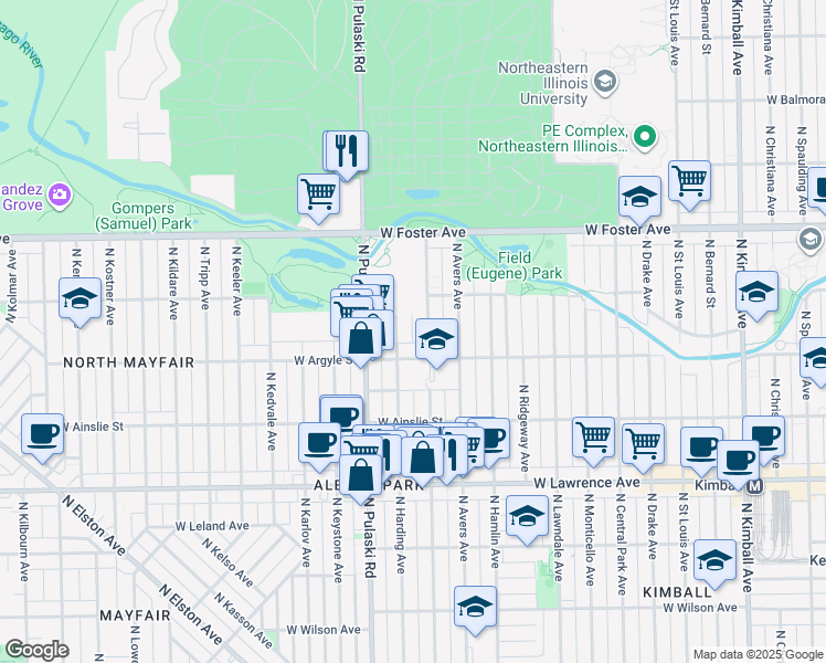 map of restaurants, bars, coffee shops, grocery stores, and more near 5034 North Springfield Avenue in Chicago