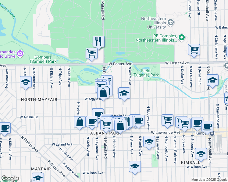 map of restaurants, bars, coffee shops, grocery stores, and more near 5034 North Harding Avenue in Chicago