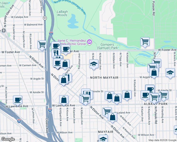 map of restaurants, bars, coffee shops, grocery stores, and more near 5038 North Kenneth Avenue in Chicago