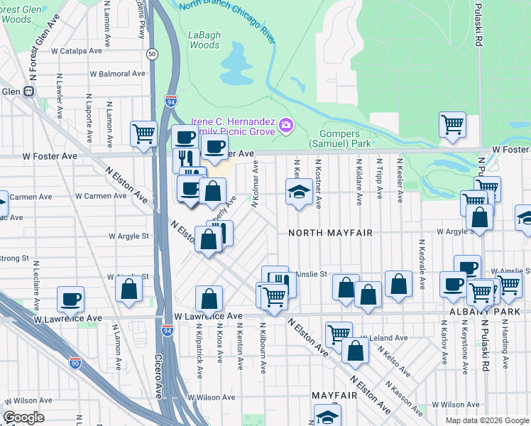 map of restaurants, bars, coffee shops, grocery stores, and more near 5040 North Kilbourn Avenue in Chicago
