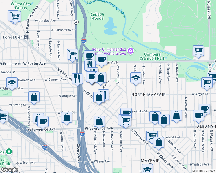 map of restaurants, bars, coffee shops, grocery stores, and more near 5068 North Kimberly Avenue in Chicago