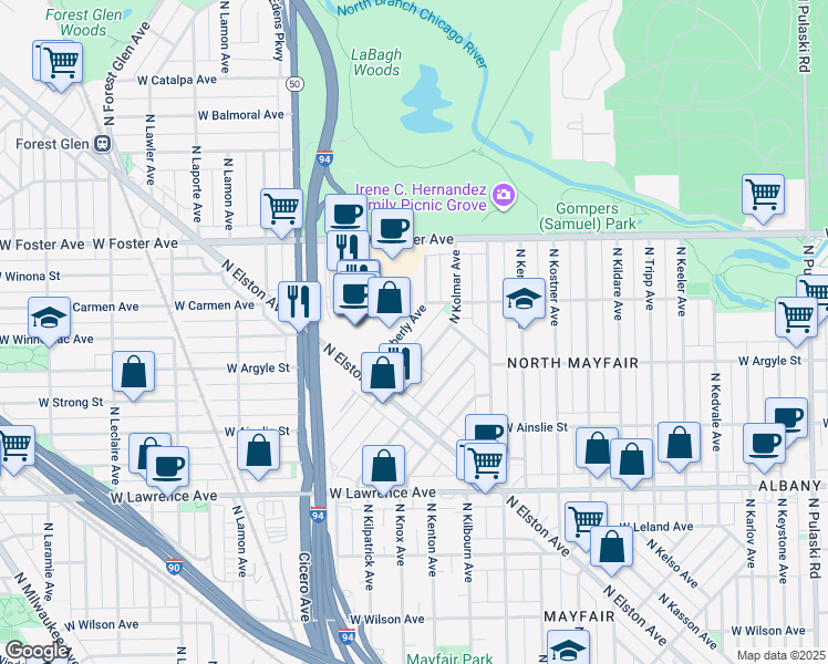 map of restaurants, bars, coffee shops, grocery stores, and more near 5068 North Kimberly Avenue in Chicago
