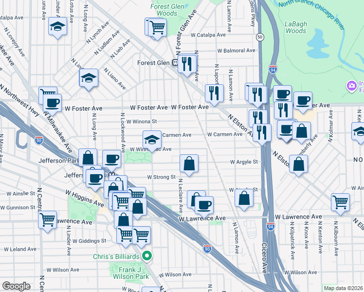 map of restaurants, bars, coffee shops, grocery stores, and more near 5047 West Carmen Avenue in Chicago