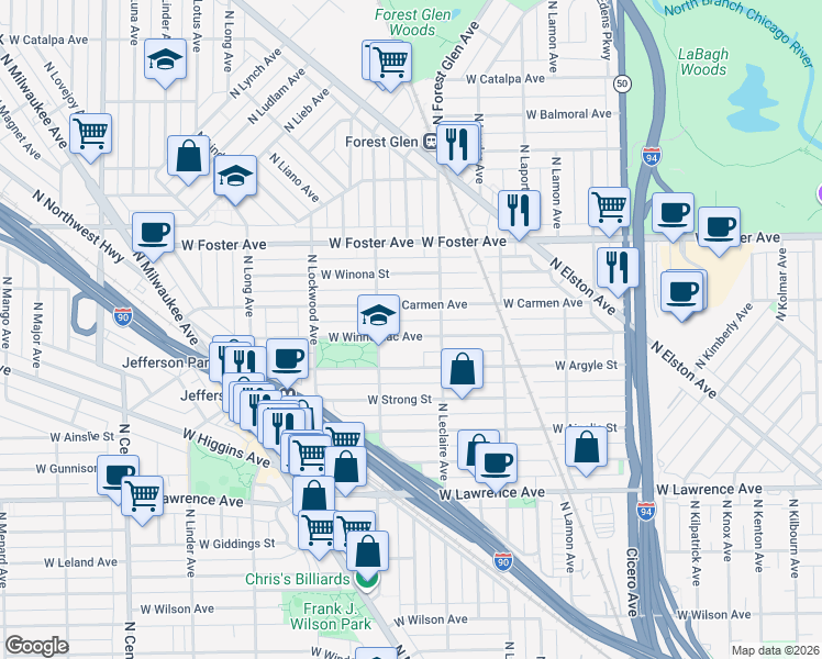map of restaurants, bars, coffee shops, grocery stores, and more near 5119 West Carmen Avenue in Chicago