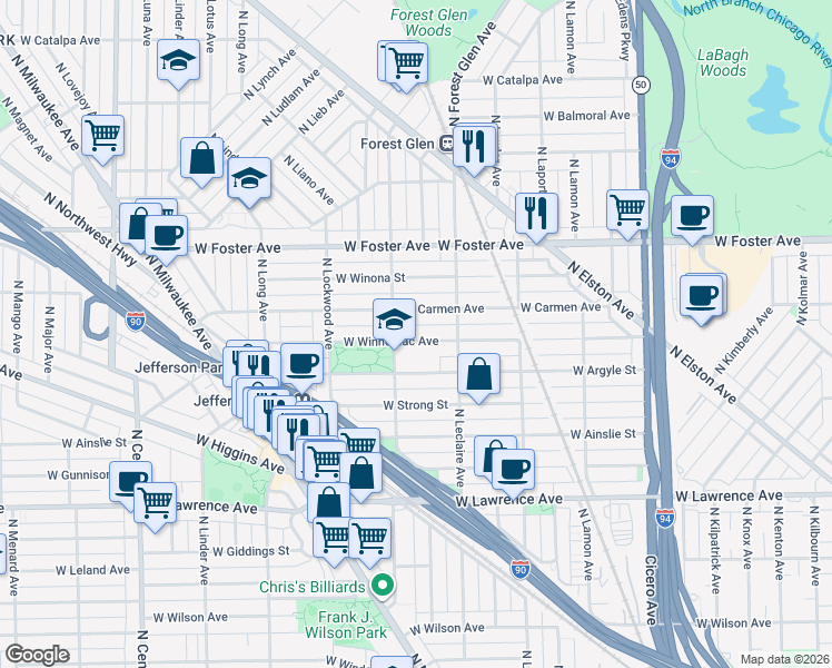 map of restaurants, bars, coffee shops, grocery stores, and more near 5159 West Carmen Avenue in Chicago