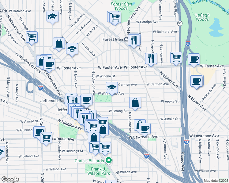 map of restaurants, bars, coffee shops, grocery stores, and more near 5159 West Carmen Avenue in Chicago