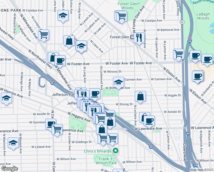 map of restaurants, bars, coffee shops, grocery stores, and more near 5233 West Carmen Avenue in Chicago