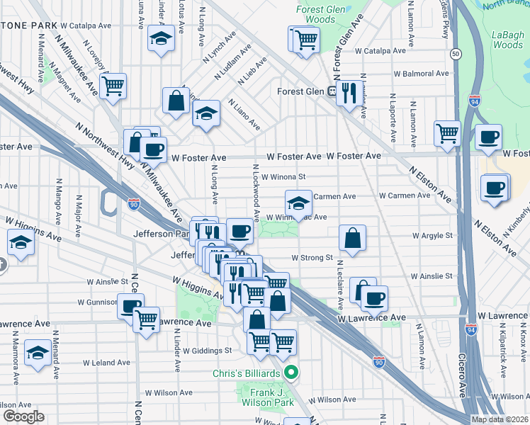 map of restaurants, bars, coffee shops, grocery stores, and more near 5233 West Carmen Avenue in Chicago