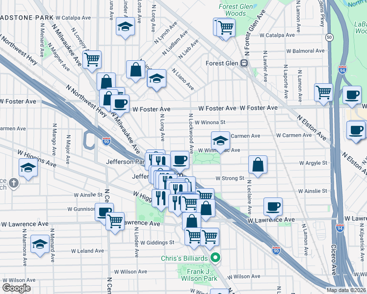 map of restaurants, bars, coffee shops, grocery stores, and more near 5048 North Lockwood Avenue in Chicago