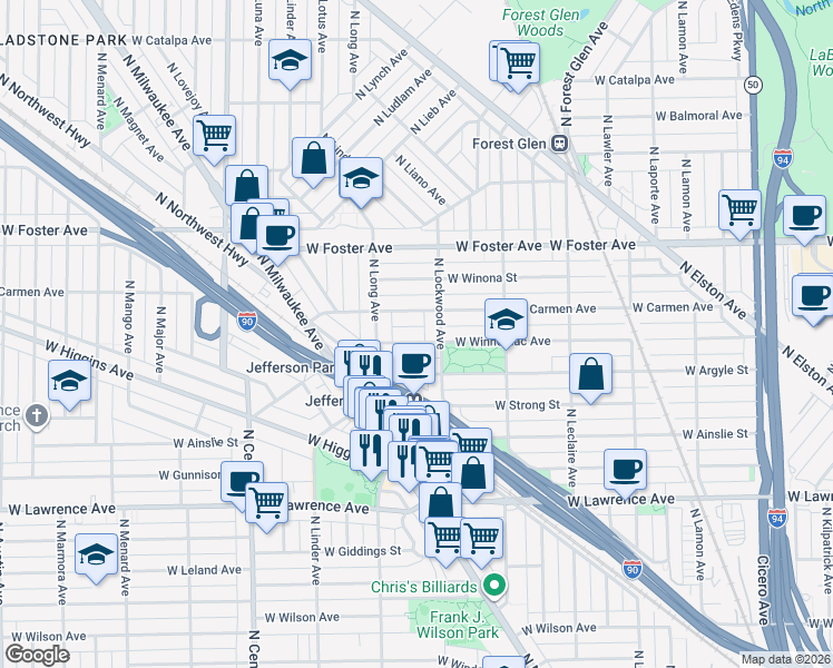 map of restaurants, bars, coffee shops, grocery stores, and more near 5048 North Lockwood Avenue in Chicago