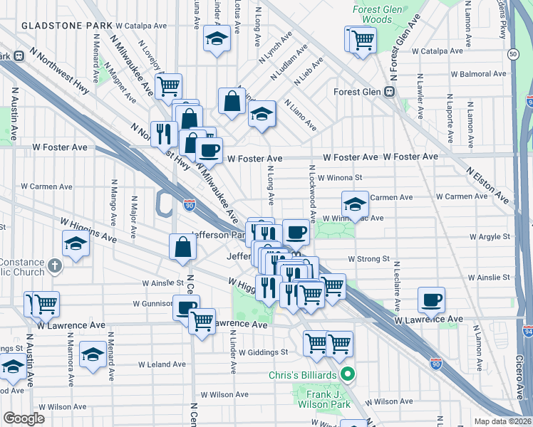 map of restaurants, bars, coffee shops, grocery stores, and more near 5421 West Carmen Avenue in Chicago