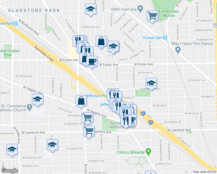 map of restaurants, bars, coffee shops, grocery stores, and more near 5421 West Carmen Avenue in Chicago