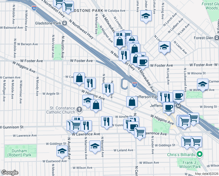 map of restaurants, bars, coffee shops, grocery stores, and more near 5026 North Major Avenue in Chicago