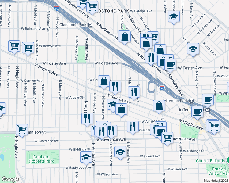 map of restaurants, bars, coffee shops, grocery stores, and more near 5036 North Menard Avenue in Chicago