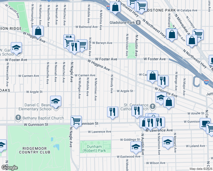 map of restaurants, bars, coffee shops, grocery stores, and more near 5031 North Melvina Avenue in Chicago
