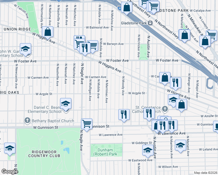 map of restaurants, bars, coffee shops, grocery stores, and more near 5032 North Merrimac Avenue in Chicago