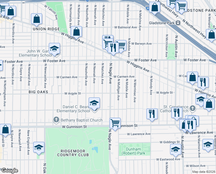 map of restaurants, bars, coffee shops, grocery stores, and more near 5031 North Natchez Avenue in Chicago