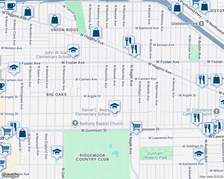 map of restaurants, bars, coffee shops, grocery stores, and more near 5034 North Neenah Avenue in Chicago