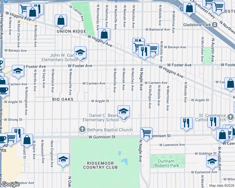 map of restaurants, bars, coffee shops, grocery stores, and more near 5034 North Neenah Avenue in Chicago