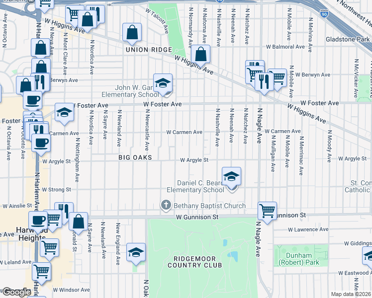 map of restaurants, bars, coffee shops, grocery stores, and more near 5035 North Rutherford Avenue in Chicago