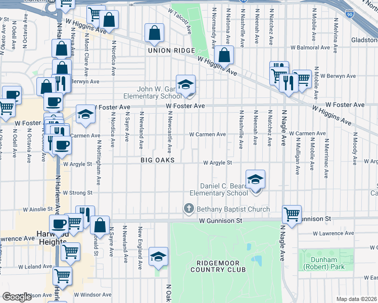 map of restaurants, bars, coffee shops, grocery stores, and more near 5034 North Oak Park Avenue in Chicago