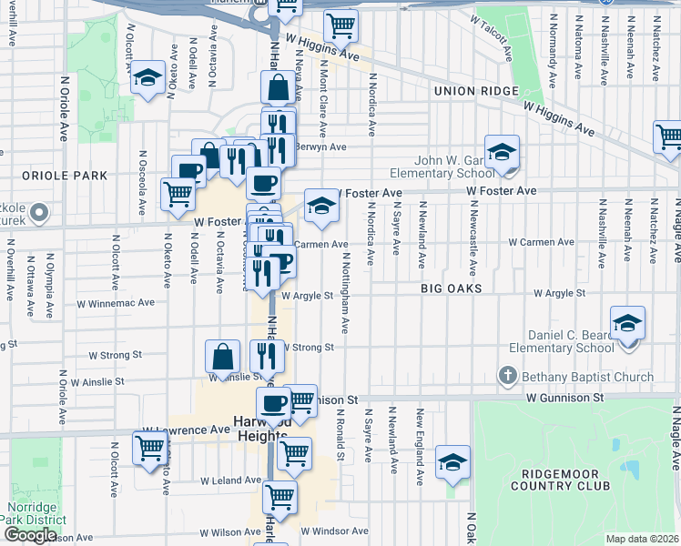map of restaurants, bars, coffee shops, grocery stores, and more near 5036 North Nottingham Avenue in Chicago