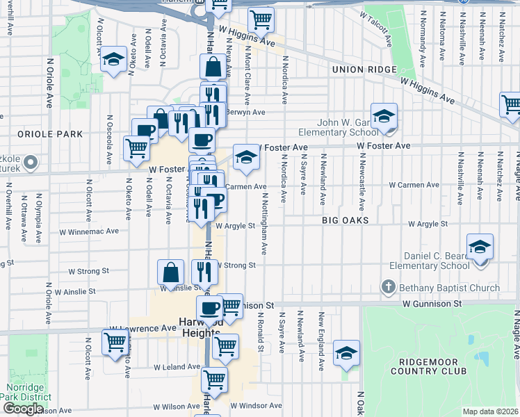 map of restaurants, bars, coffee shops, grocery stores, and more near 5036 North Nottingham Avenue in Chicago