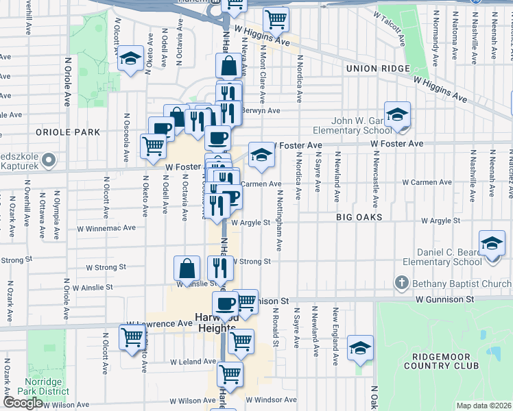map of restaurants, bars, coffee shops, grocery stores, and more near 5037 North Neva Avenue in Chicago