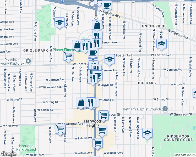 map of restaurants, bars, coffee shops, grocery stores, and more near 5037 North Harlem Avenue in Chicago