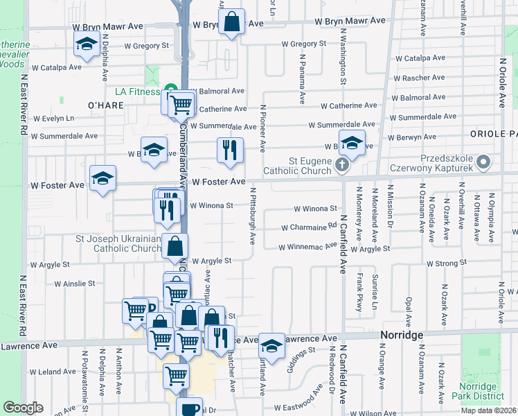 map of restaurants, bars, coffee shops, grocery stores, and more near 8232 Winona Street in Norridge