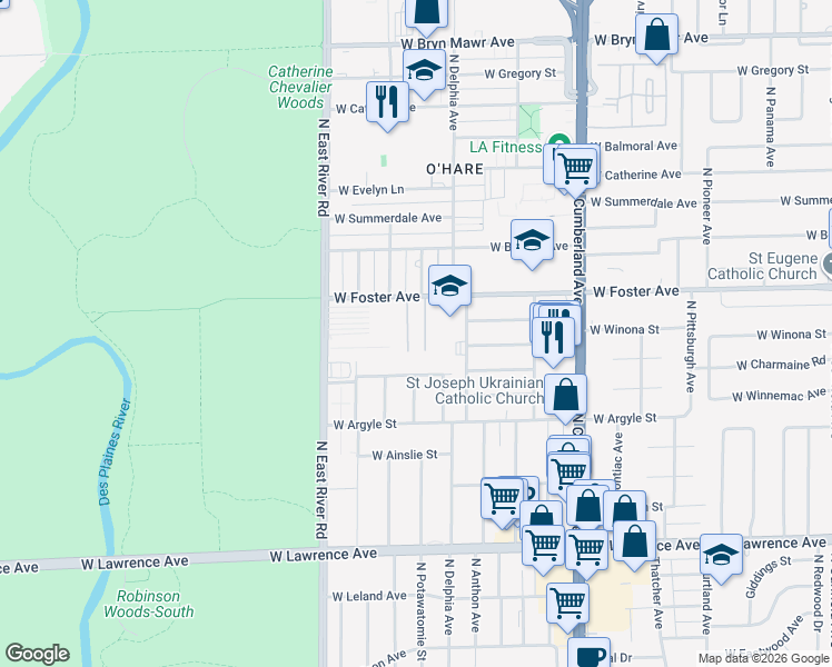 map of restaurants, bars, coffee shops, grocery stores, and more near 8639 West Foster Avenue in Chicago