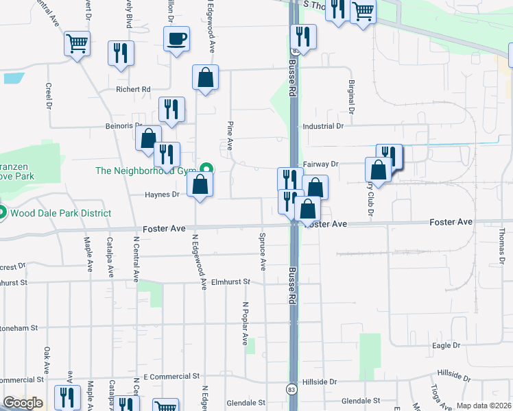 map of restaurants, bars, coffee shops, grocery stores, and more near 17W089 Hawthorne Avenue in Bensenville