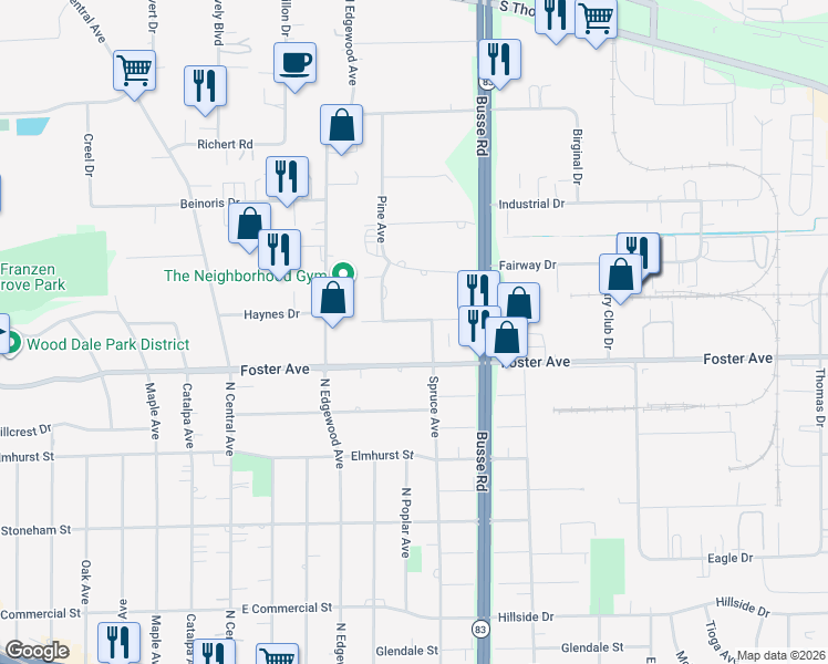 map of restaurants, bars, coffee shops, grocery stores, and more near 17W089 Hawthorne Avenue in Bensenville