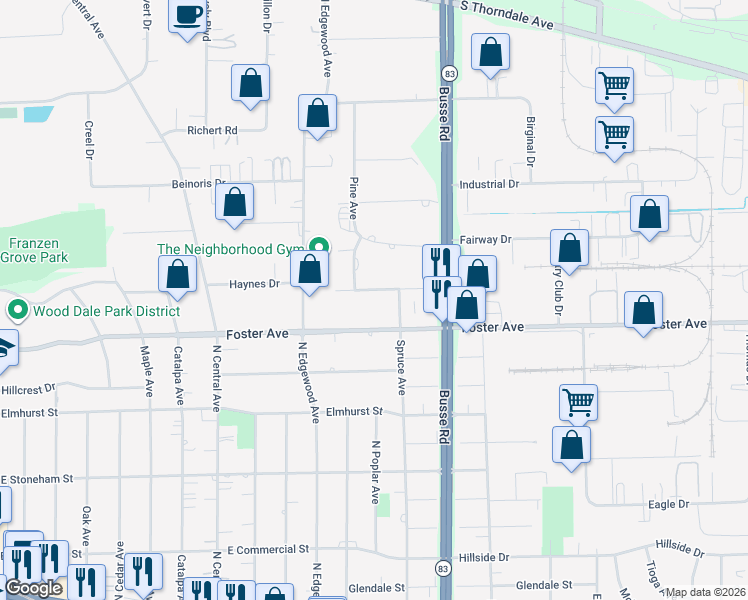 map of restaurants, bars, coffee shops, grocery stores, and more near 17W149 Hawthorne Avenue in Bensenville