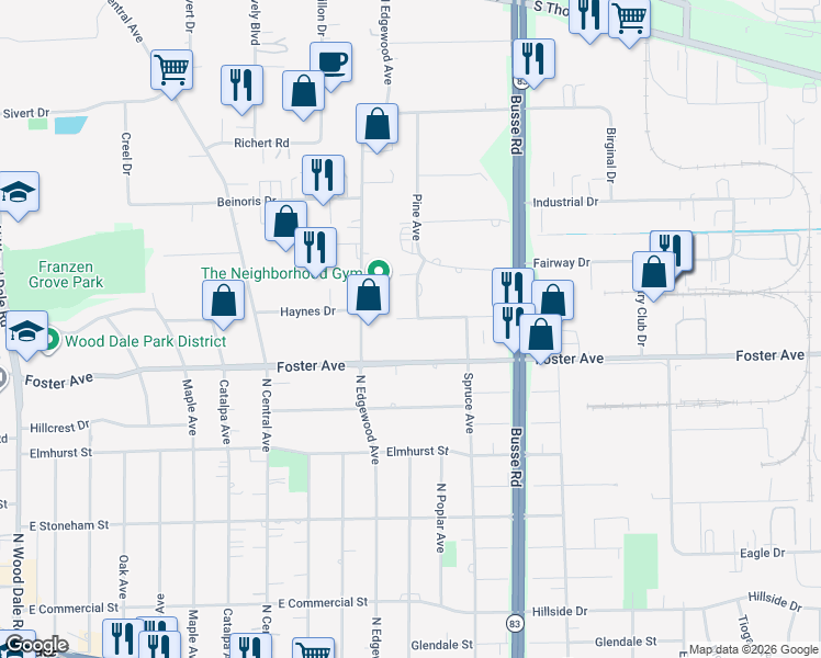 map of restaurants, bars, coffee shops, grocery stores, and more near 17W149 Hawthorne Avenue in Bensenville