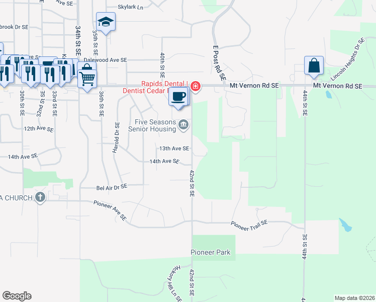 map of restaurants, bars, coffee shops, grocery stores, and more near 4108 13th Avenue Southeast in Cedar Rapids