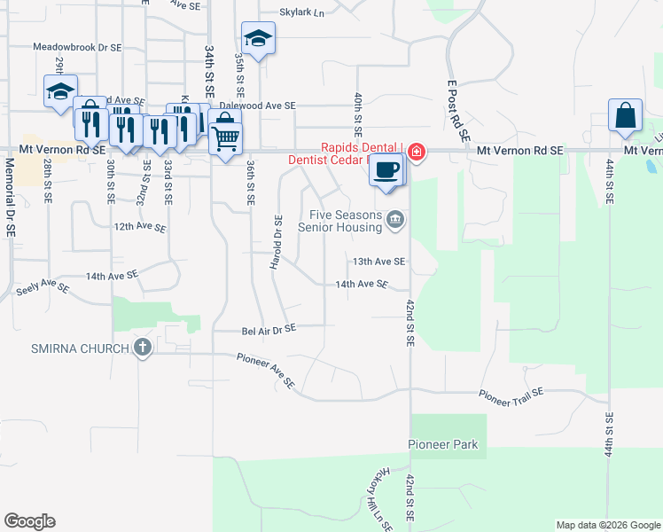map of restaurants, bars, coffee shops, grocery stores, and more near 1240 38th St SE in Cedar Rapids