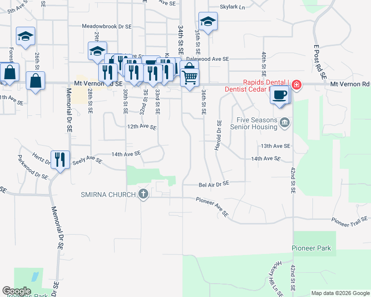map of restaurants, bars, coffee shops, grocery stores, and more near 3310 14th Ave SE in Cedar Rapids