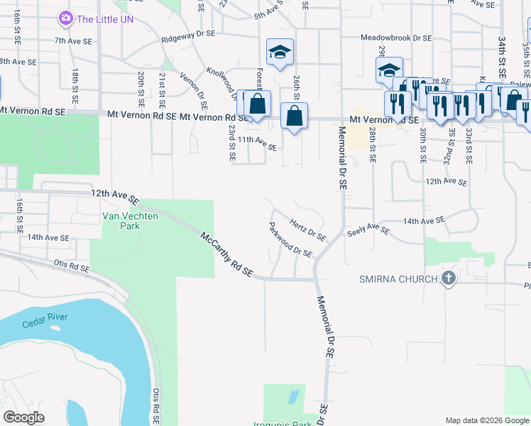 map of restaurants, bars, coffee shops, grocery stores, and more near 1221 Hertz Dr SE in Cedar Rapids