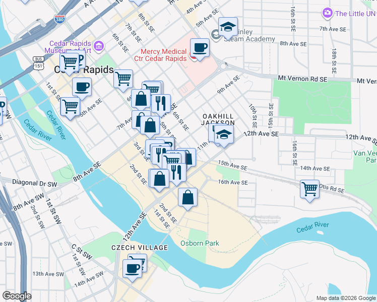 map of restaurants, bars, coffee shops, grocery stores, and more near 1020 6th Street Southeast in Cedar Rapids