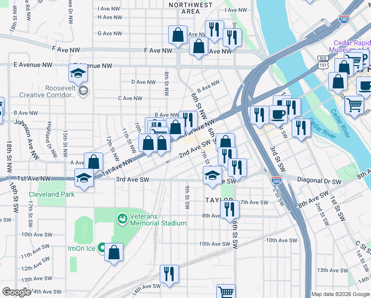 map of restaurants, bars, coffee shops, grocery stores, and more near 725 1st Avenue Southwest in Cedar Rapids