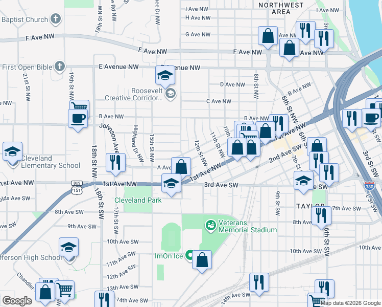 map of restaurants, bars, coffee shops, grocery stores, and more near 227 13th Street Northwest in Cedar Rapids