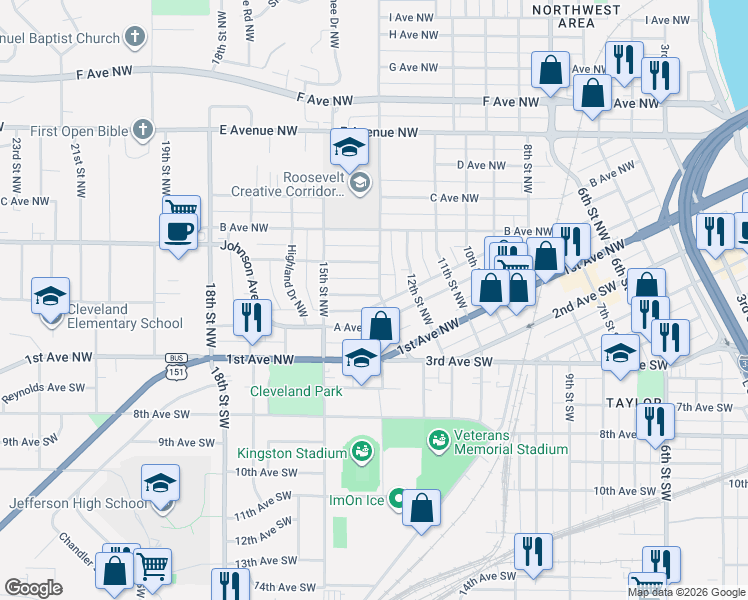 map of restaurants, bars, coffee shops, grocery stores, and more near 227 13th Street Northwest in Cedar Rapids