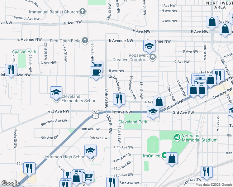 map of restaurants, bars, coffee shops, grocery stores, and more near 226 Johnson Avenue Northwest in Cedar Rapids